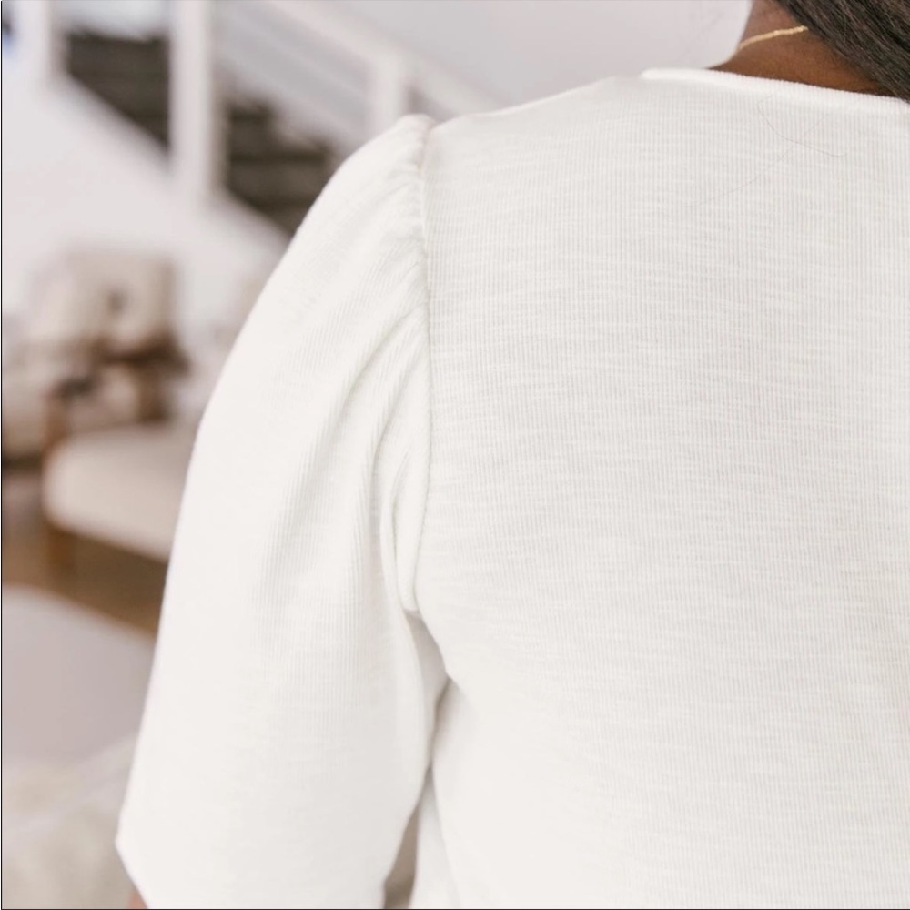 White Puff Sleeve Blouse Basic Knit Soft Stretchy - image 2